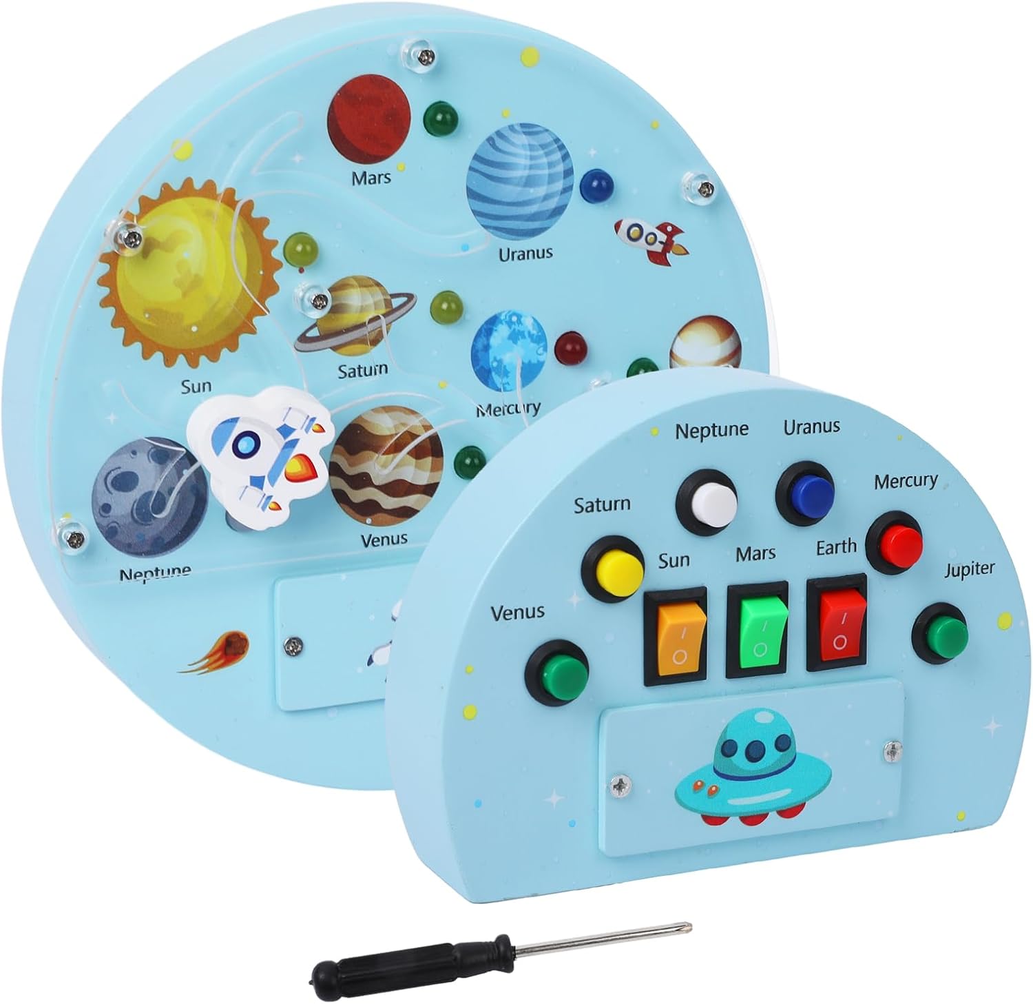 Panou senzorial din lemn Space Planet cu LED – Sistemul Solar pentru copii, Jucărie educativă spațiu