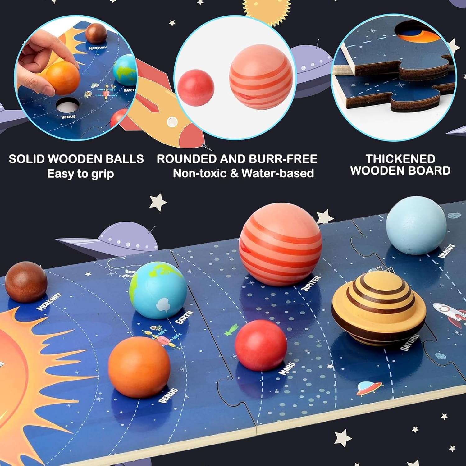 Puzzle din lemn Sistemul Solar 3D cu planete detașabile
