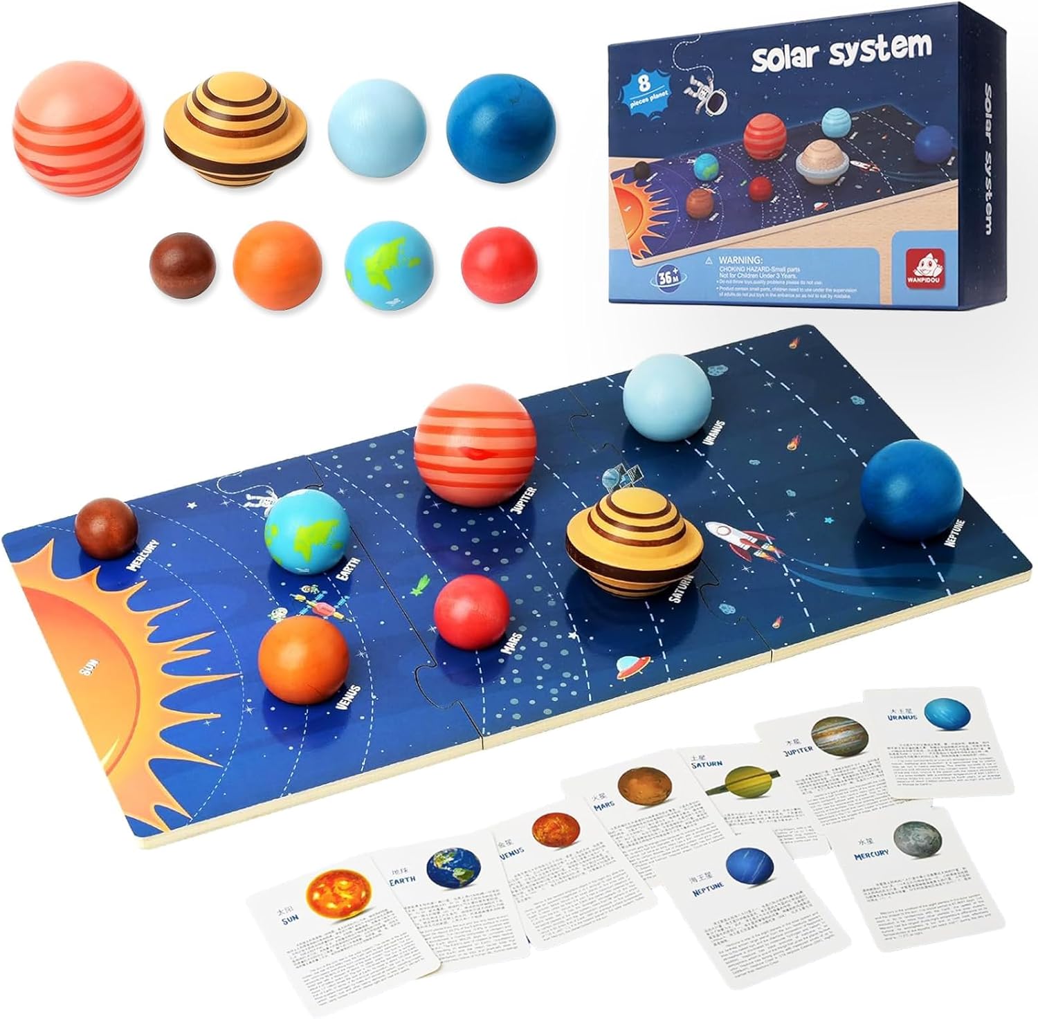 Puzzle din lemn Sistemul Solar 3D cu planete detașabile