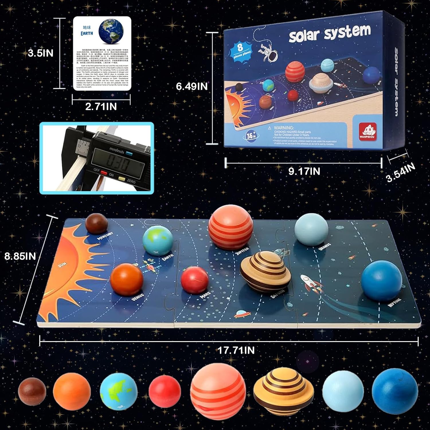 Puzzle din lemn Sistemul Solar 3D cu planete detașabile