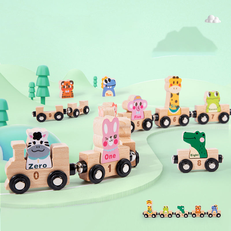 Trenuleț din lemn Digital Train cu cifre și animale, jucărie educativă