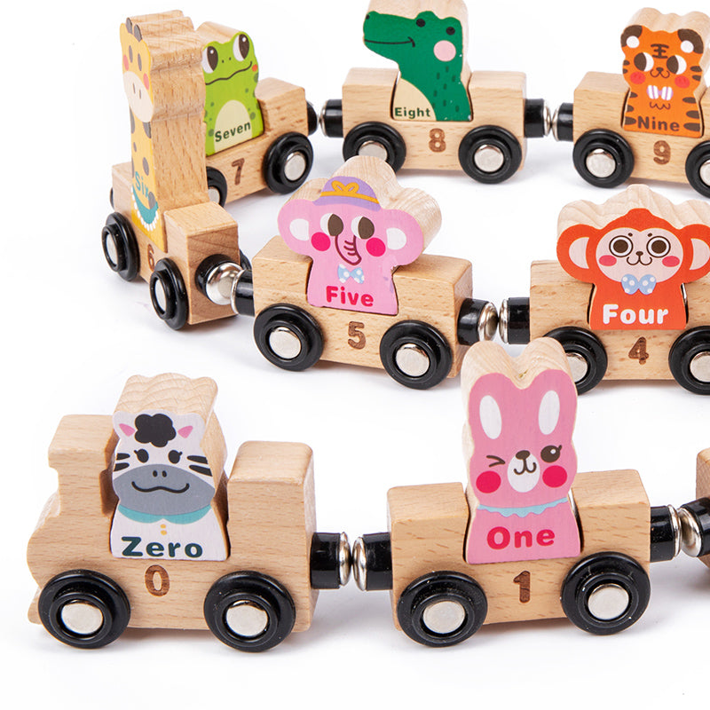Trenuleț din lemn Digital Train cu cifre și animale, jucărie educativă