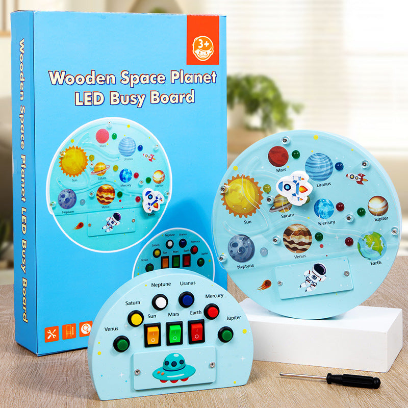 Panou senzorial din lemn Space Planet cu LED – Sistemul Solar pentru copii, Jucărie educativă spațiu