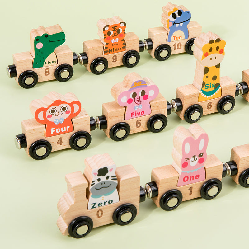 Trenuleț din lemn Digital Train cu cifre și animale, jucărie educativă