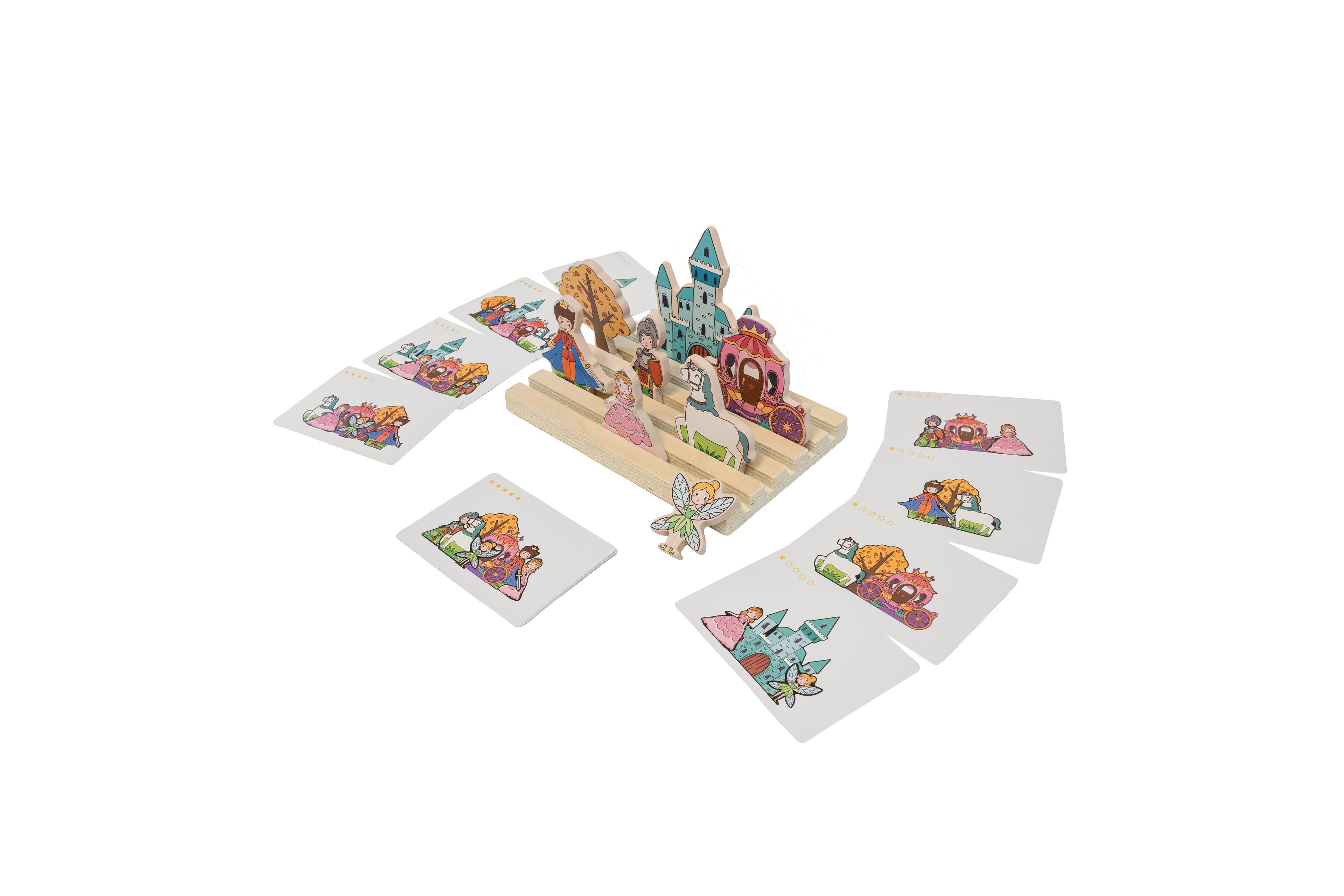 Joc logic din lemn „Prinț și Prințesă” – scenă de basm cu carduri de aranjare
