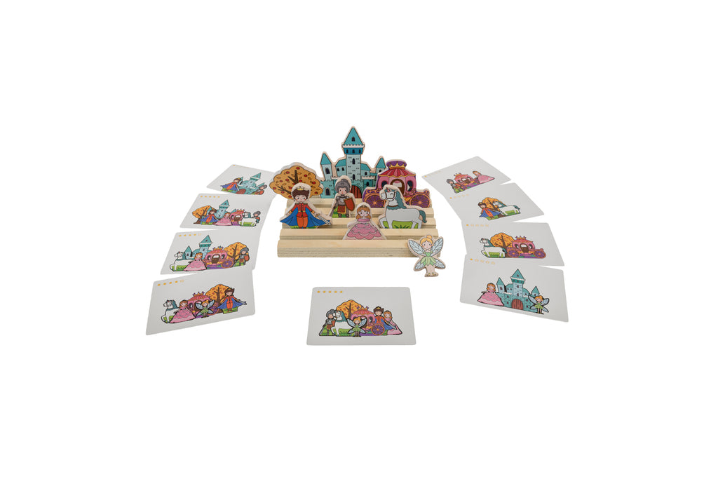 Joc logic din lemn „Prinț și Prințesă” – scenă de basm cu carduri de aranjare