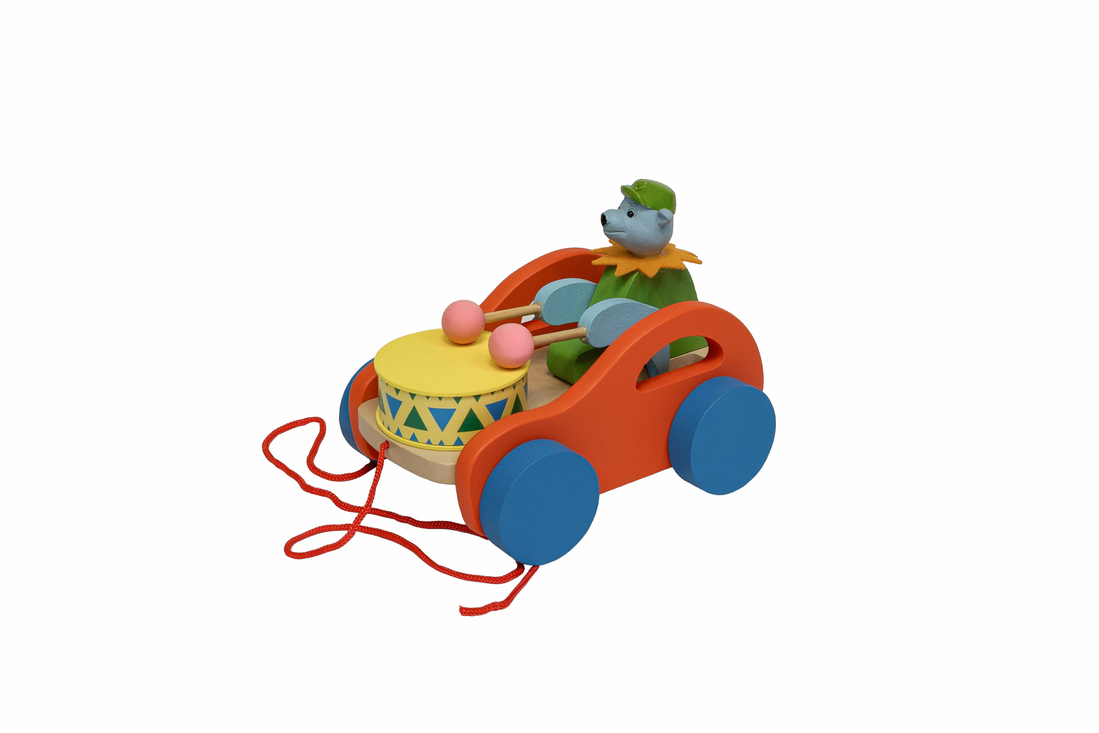 Jucărie de tras din lemn – Urs toboșar în mașinuță colorată
