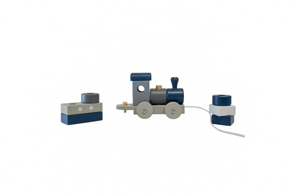 Trenulet din lemn albastru Three Section Train – cu 3 vagoane detasabile