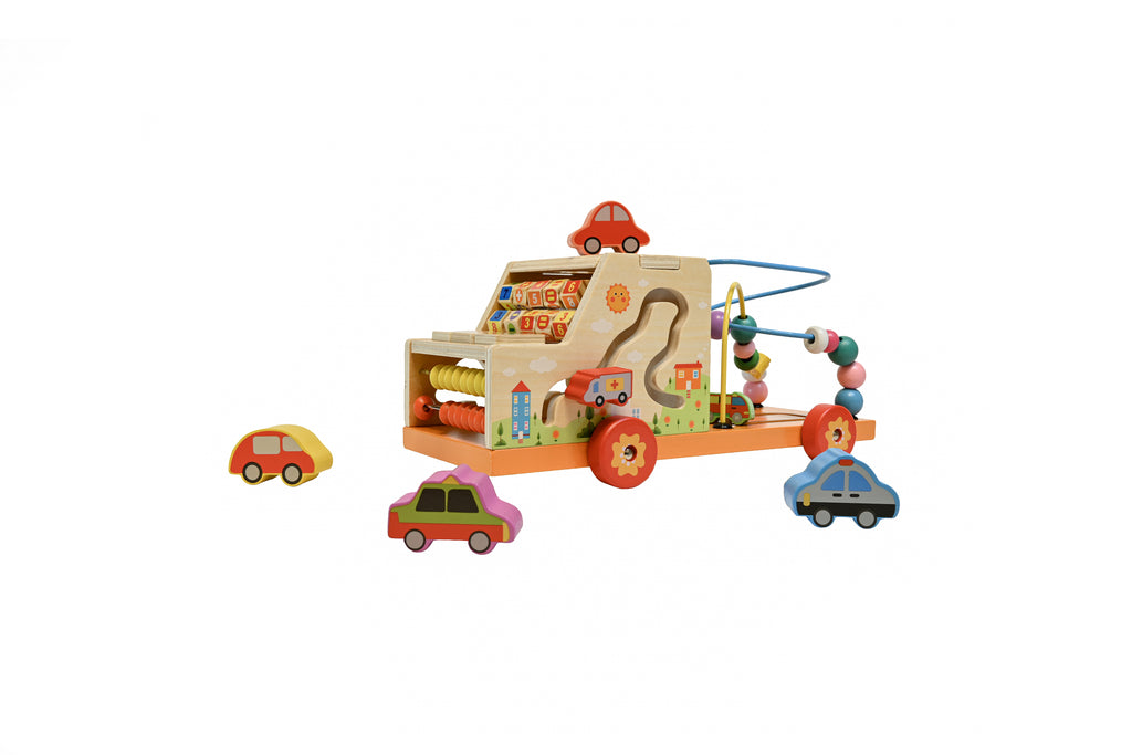 Camion din lemn Busy Road – centru de activități cu mașinuțe