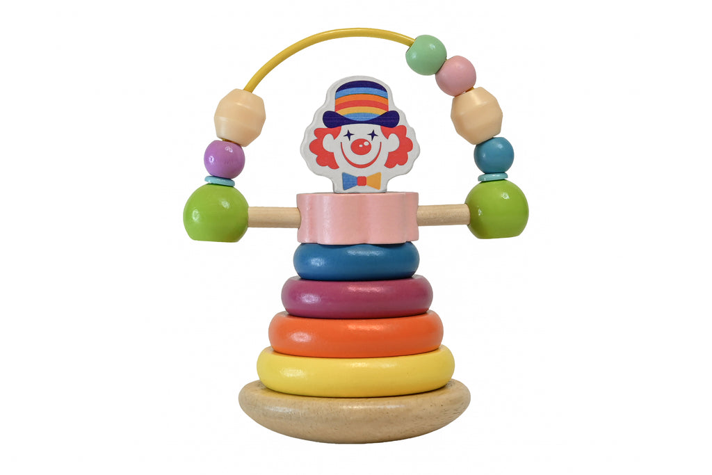 Turn balansier cu clovn curcubeu – jucărie din lemn cu inele