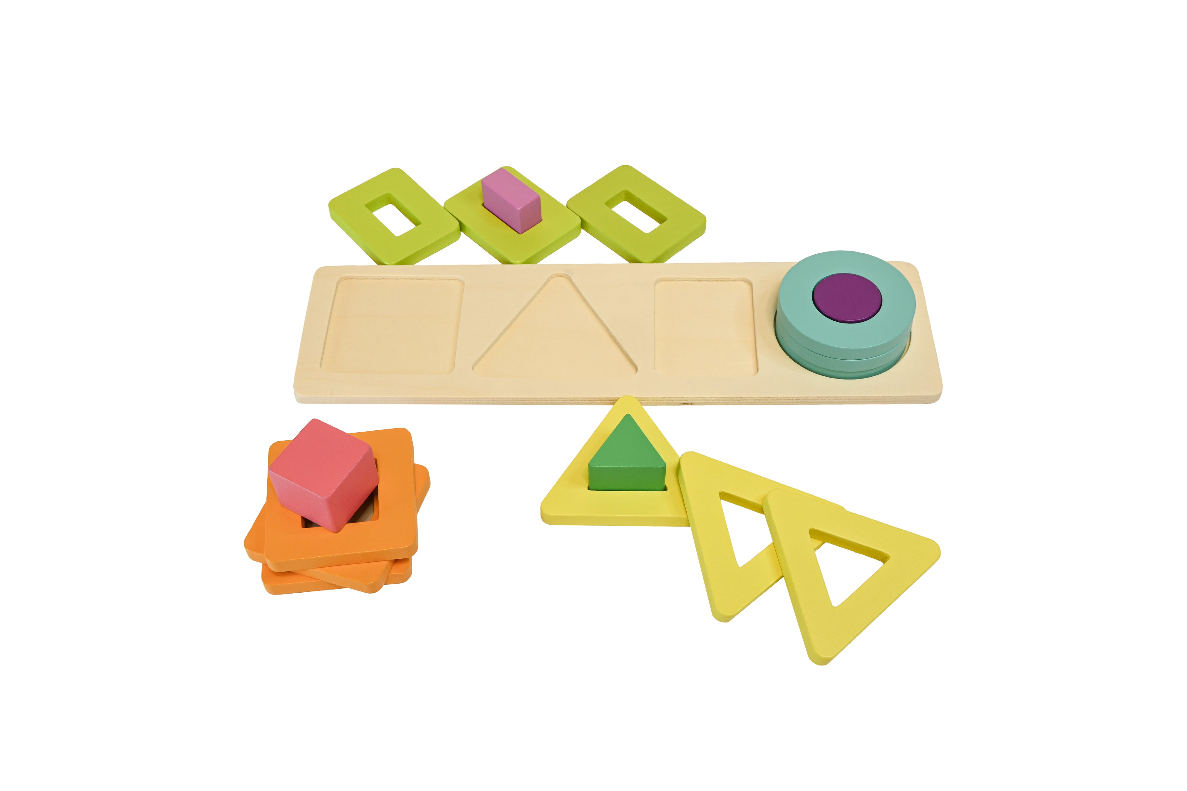 Sortator forme geometrice din lemn – 4 coloane Montessori
