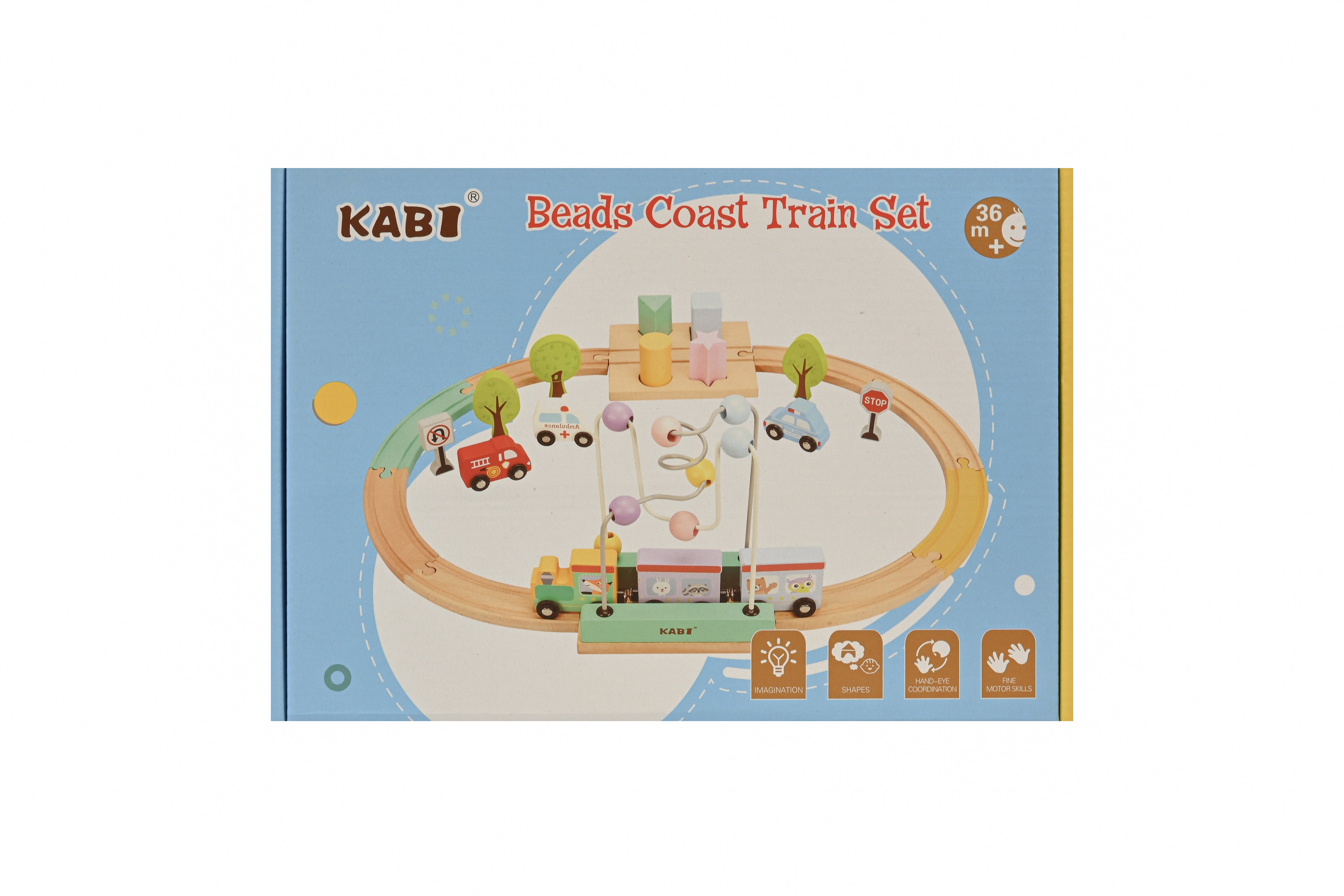 Set tren din lemn cu circuit și labirint cu bile – KABI Beads Coast Train