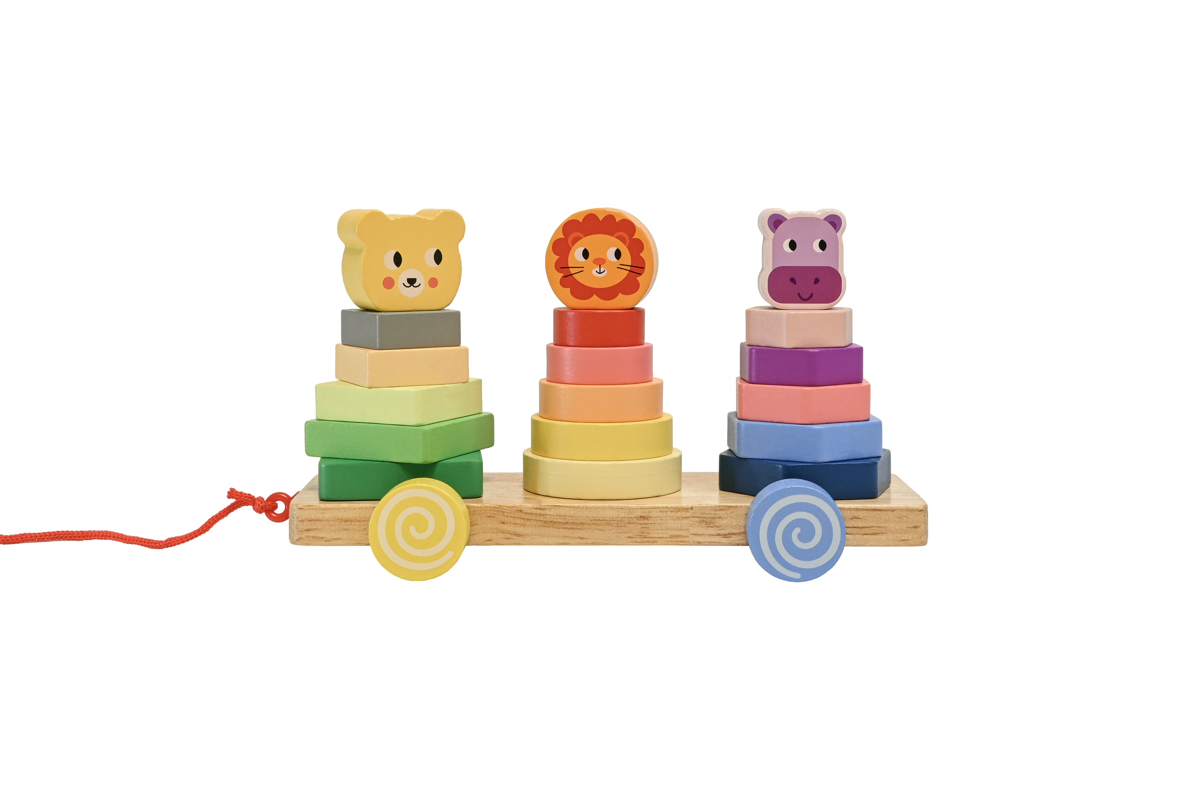 Remorcă din lemn cu animale – turnuri de stivuire colorate