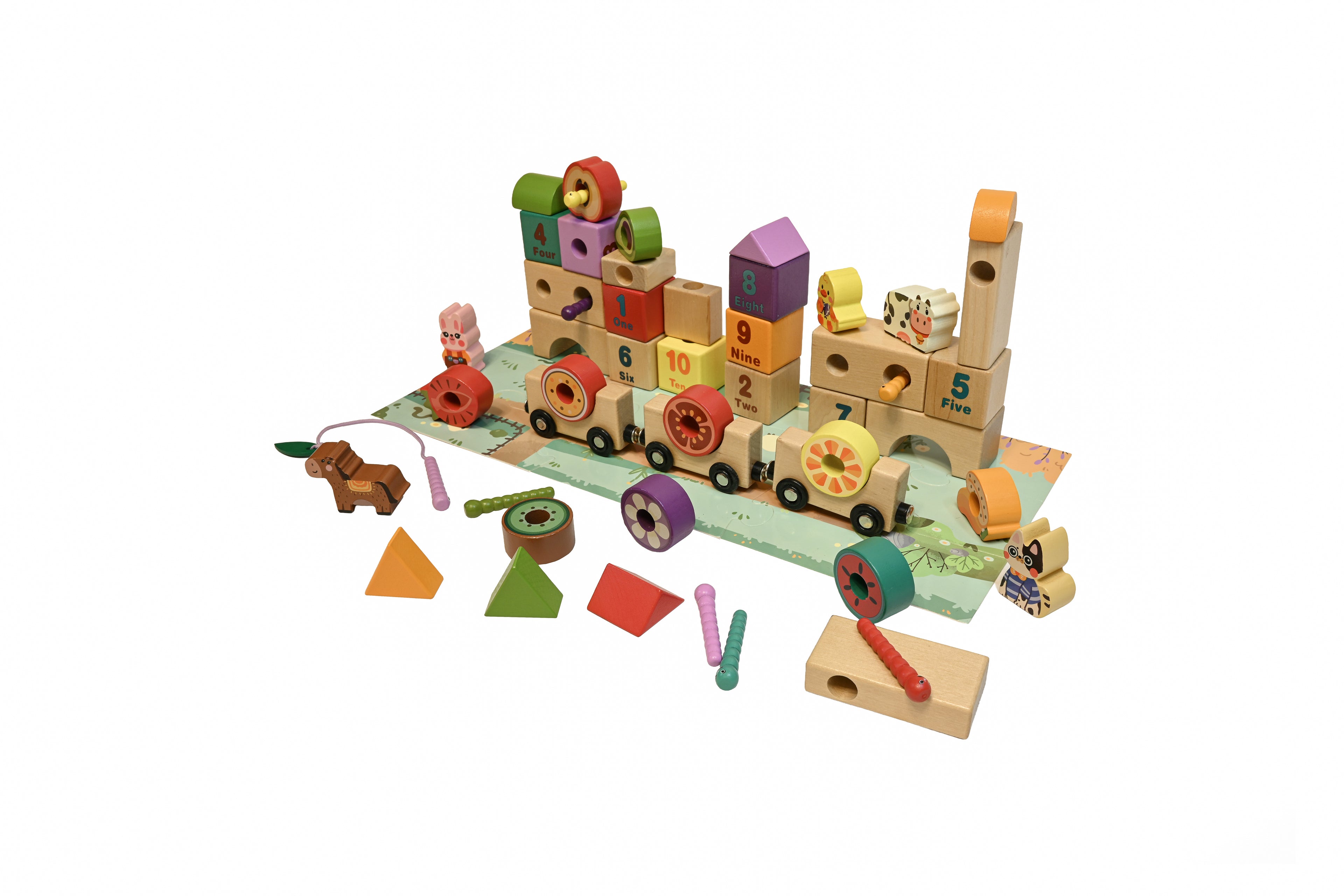 Set educativ din lemn Farm Blocks – trenuleț, cifre și forme