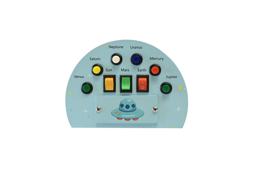 Panou senzorial din lemn Space Planet cu LED – Sistemul Solar pentru copii, Jucărie educativă spațiu