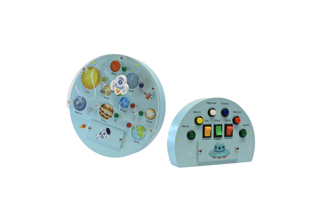 Panou senzorial din lemn Space Planet cu LED – Sistemul Solar pentru copii, Jucărie educativă spațiu
