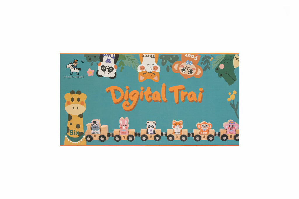 Trenuleț din lemn Digital Train cu cifre și animale, jucărie educativă