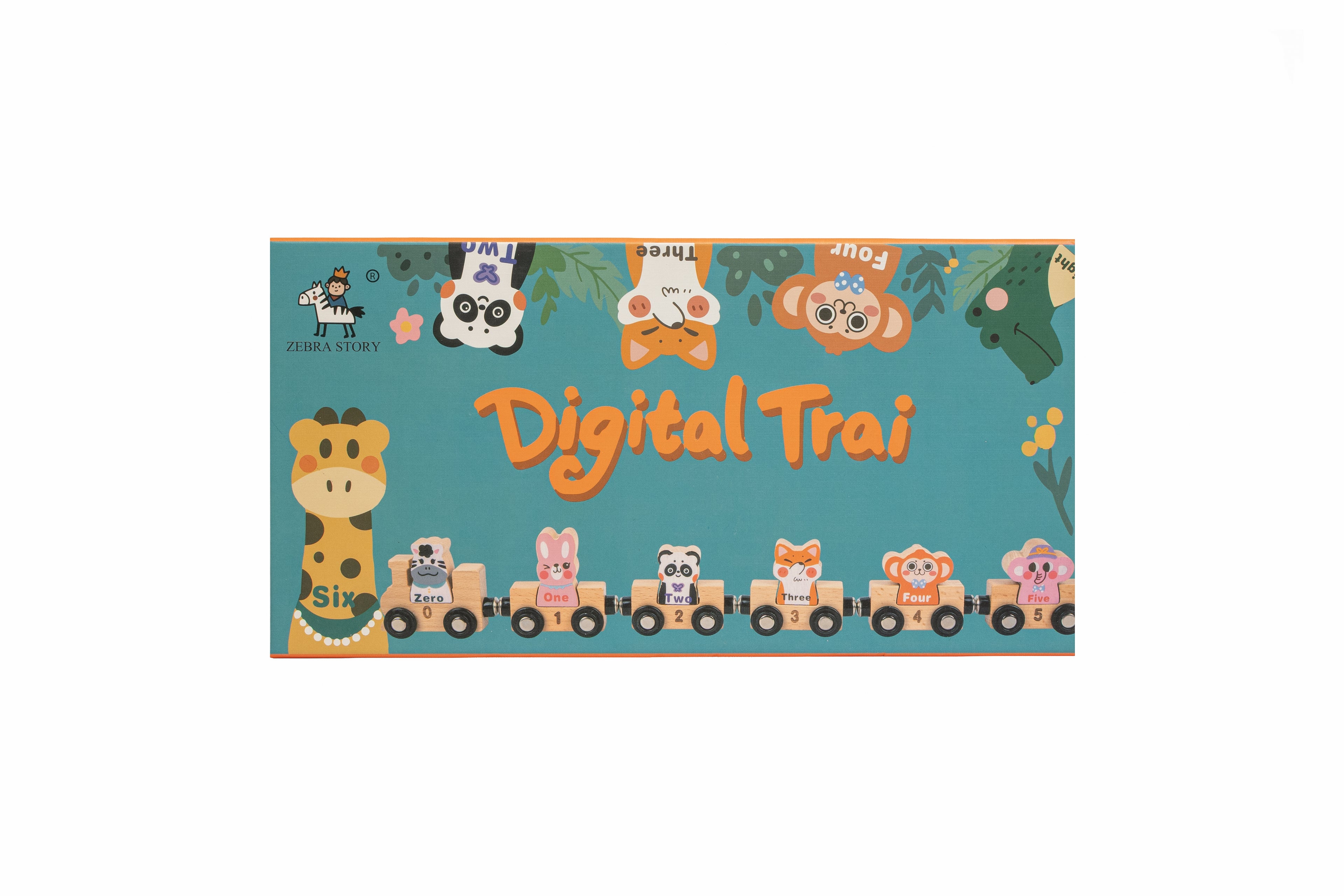 Trenuleț din lemn Digital Train cu cifre și animale, jucărie educativă