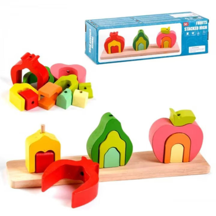 Set fructe din lemn de stivuit Fruits Stacked High – jucărie educativă Montessori 3+ ani
