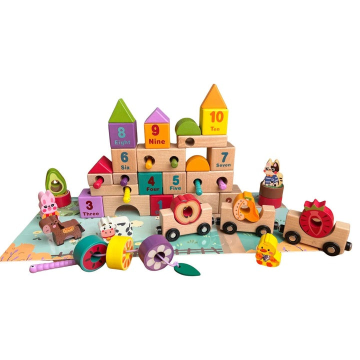 Set educativ din lemn Farm Blocks – trenuleț, cifre și forme
