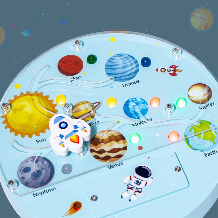 Panou senzorial din lemn Space Planet cu LED – Sistemul Solar pentru copii, Jucărie educativă spațiu