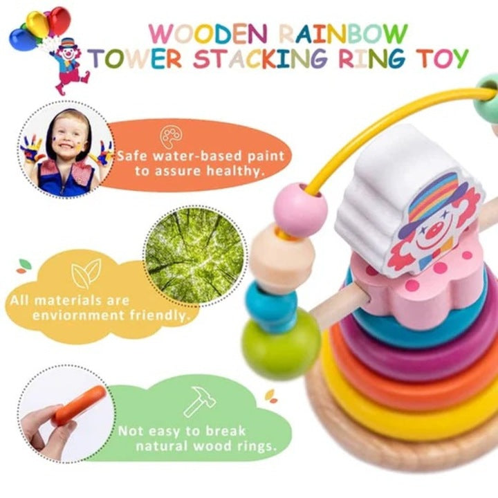 Turn balansier cu clovn curcubeu – jucărie din lemn cu inele