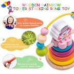 Turn balansier cu clovn curcubeu – jucărie din lemn cu inele