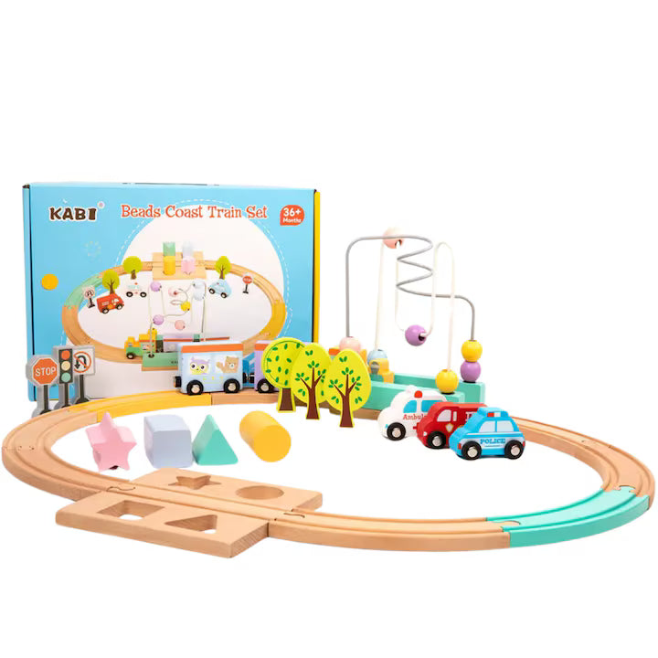 Set tren din lemn cu circuit și labirint cu bile – KABI Beads Coast Train