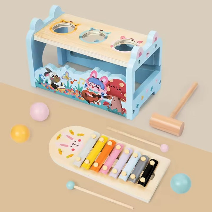 Jucărie muzicală din lemn – Iepuraș cu xilofon și ciocănel