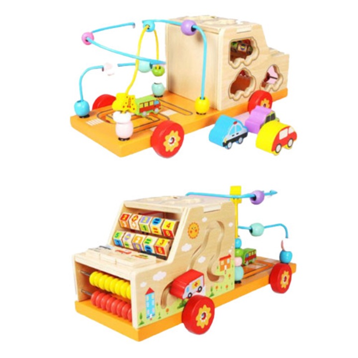 Camion din lemn Busy Road – centru de activități cu mașinuțe