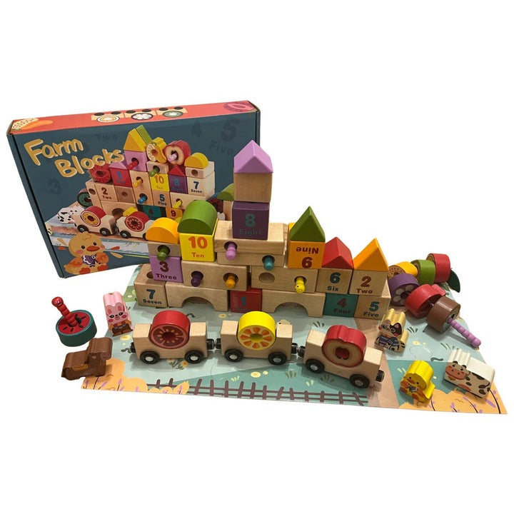 Set educativ din lemn Farm Blocks – trenuleț, cifre și forme