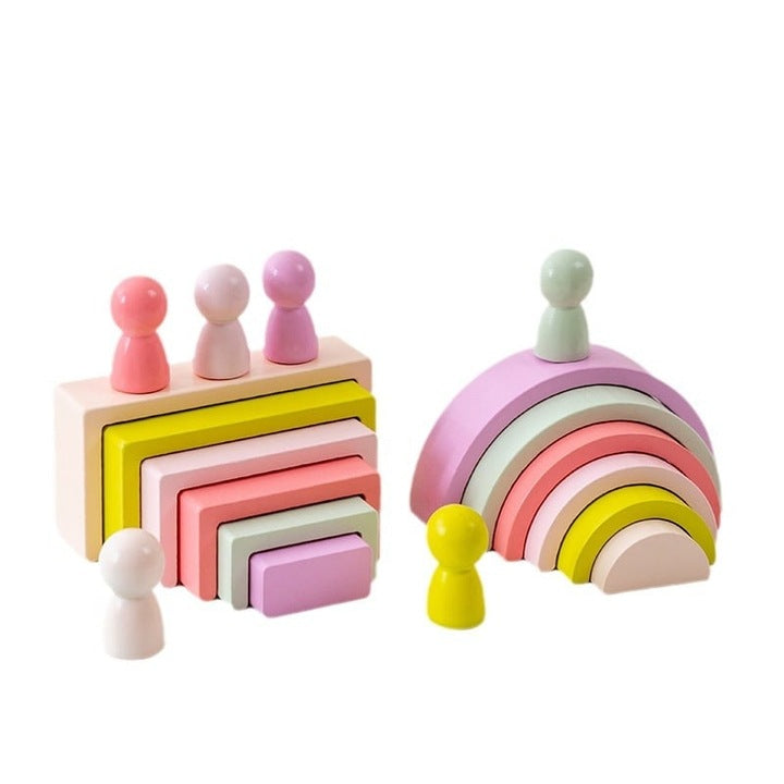Set curcubeu din lemn – Rainbow Blocks pastelate pentru construcții creative