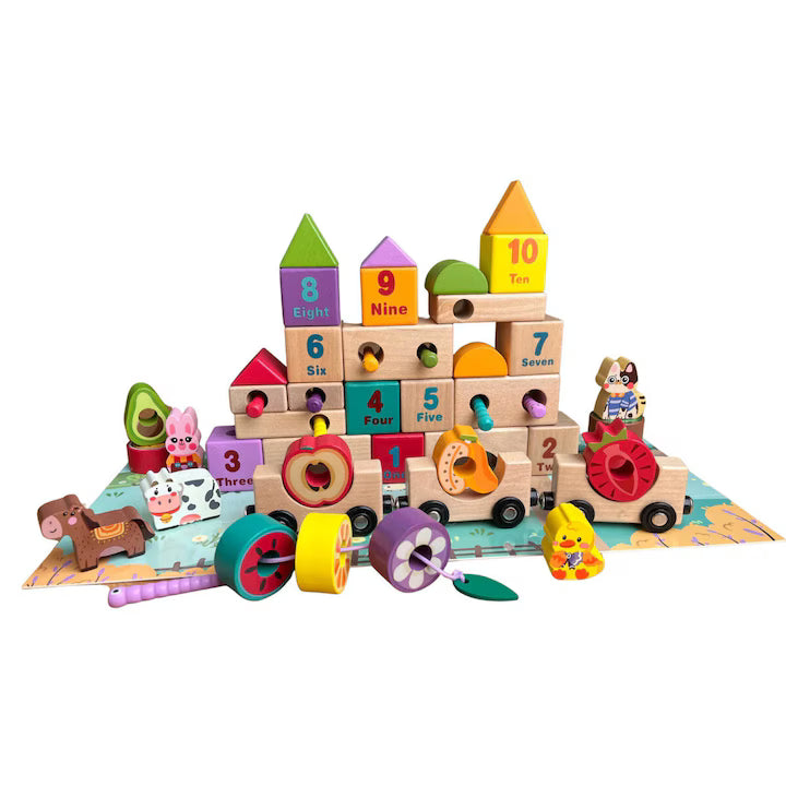 Set educativ din lemn Farm Blocks – trenuleț, cifre și forme