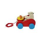 Jucărie de tras din lemn – Ursuleț toboșar în mașinuță