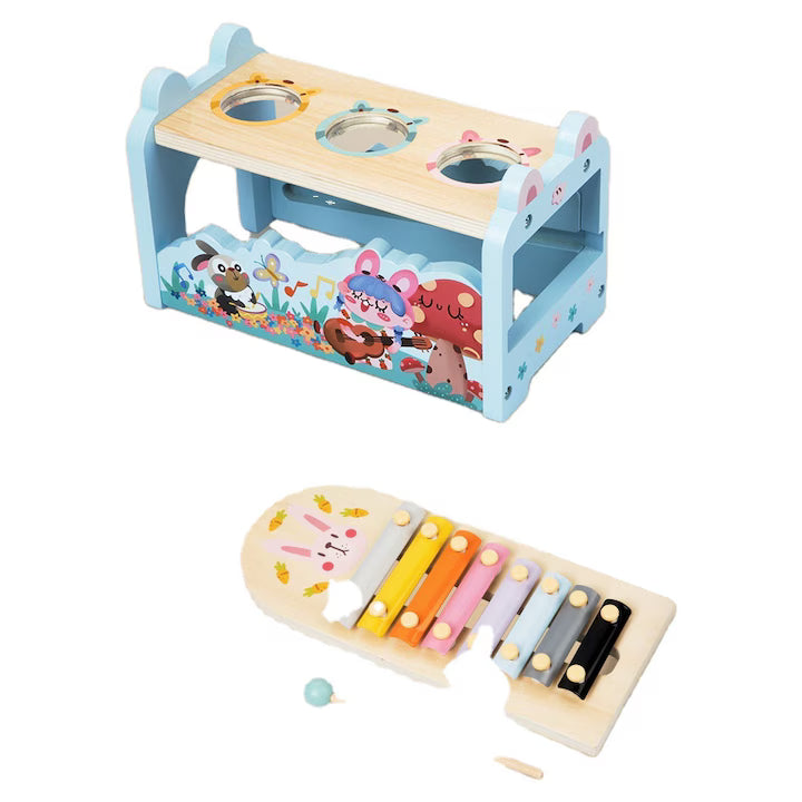 Jucărie muzicală din lemn – Iepuraș cu xilofon și ciocănel