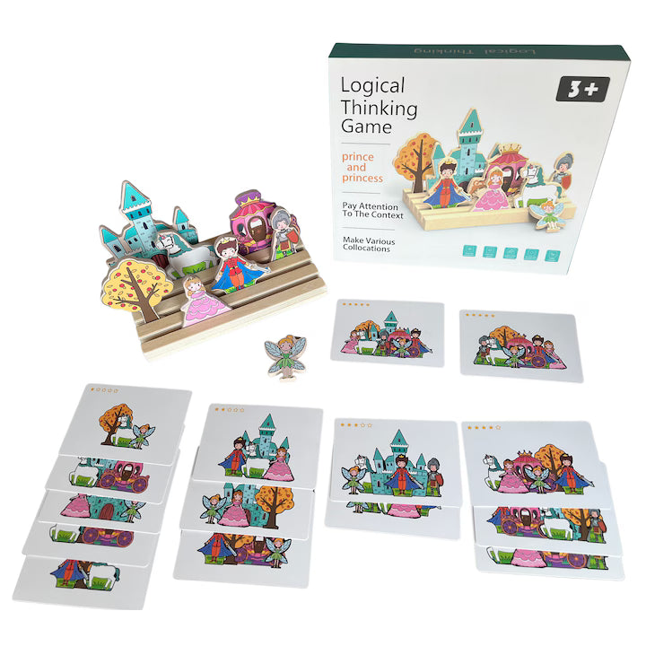 Joc logic din lemn „Prinț și Prințesă” – scenă de basm cu carduri de aranjare