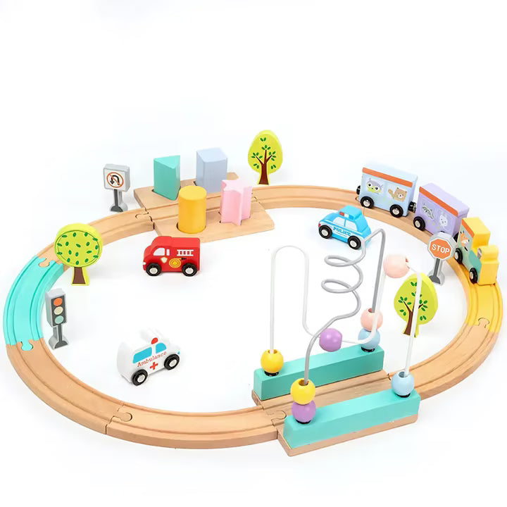 Set tren din lemn cu circuit și labirint cu bile – KABI Beads Coast Train