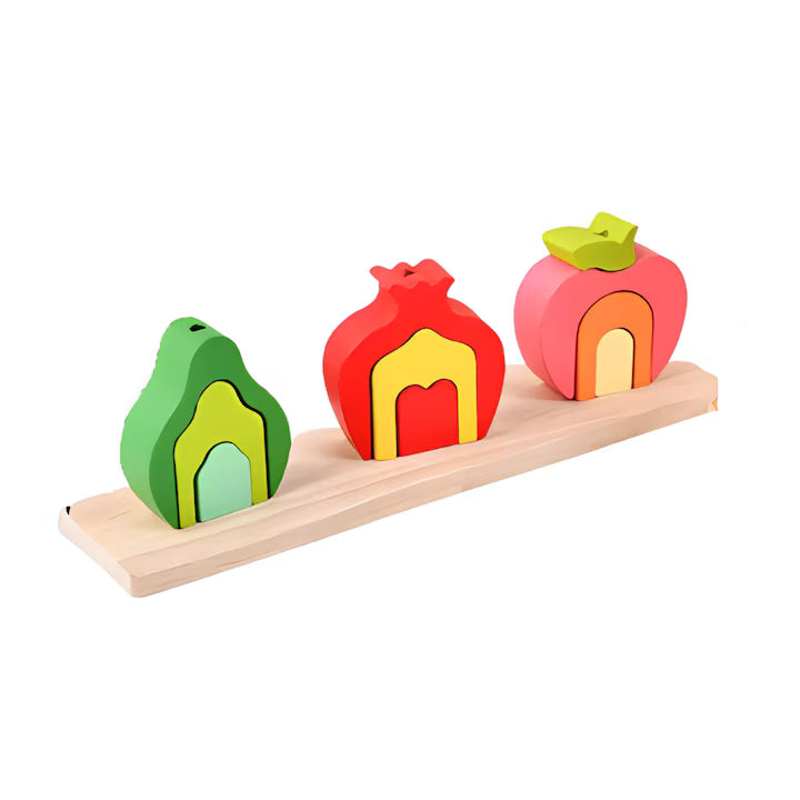 Set fructe din lemn de stivuit Fruits Stacked High – jucărie educativă Montessori 3+ ani