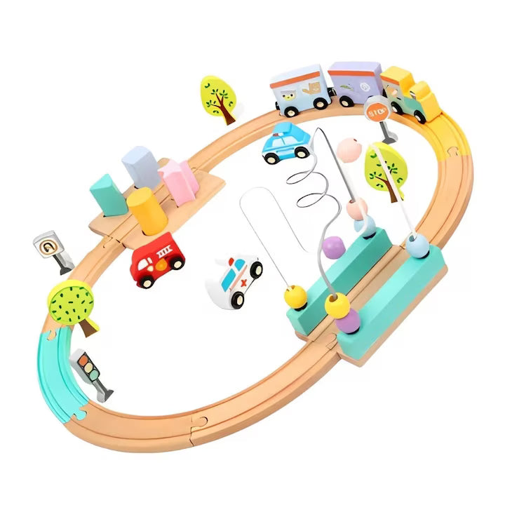Set tren din lemn cu circuit și labirint cu bile – KABI Beads Coast Train
