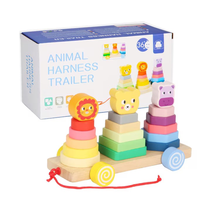 Remorcă din lemn cu animale – turnuri de stivuire colorate