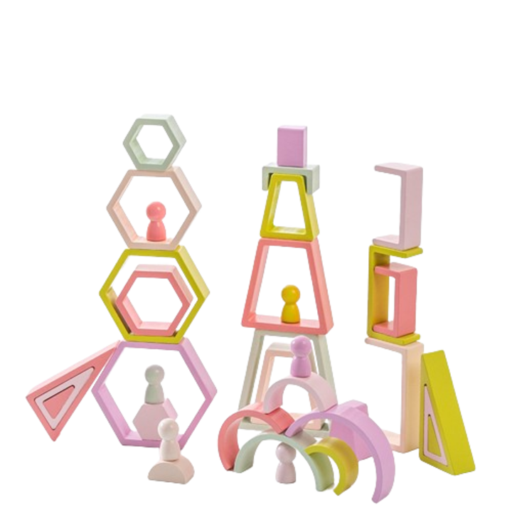 Set curcubeu din lemn – Rainbow Blocks pastelate pentru construcții creative