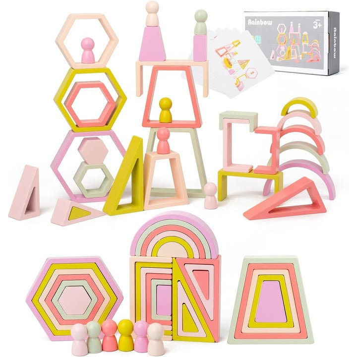 Set curcubeu din lemn – Rainbow Blocks pastelate pentru construcții creative