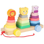 Remorcă din lemn cu animale – turnuri de stivuire colorate