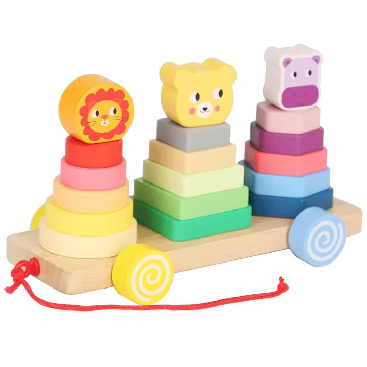 Remorcă din lemn cu animale – turnuri de stivuire colorate