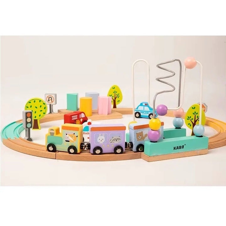 Set tren din lemn cu circuit și labirint cu bile – KABI Beads Coast Train