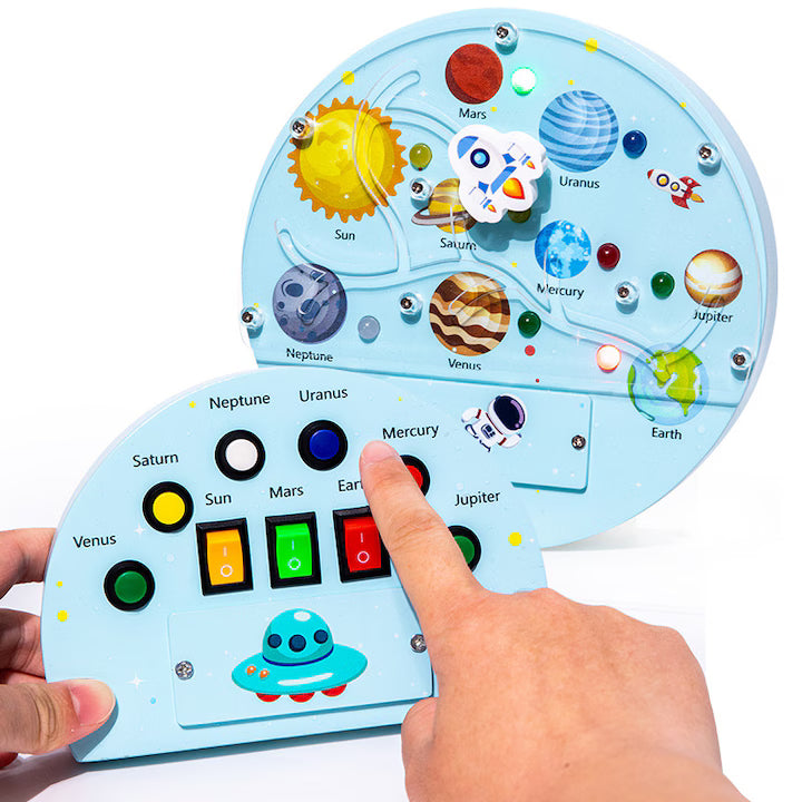 Panou senzorial din lemn Space Planet cu LED – Sistemul Solar pentru copii, Jucărie educativă spațiu